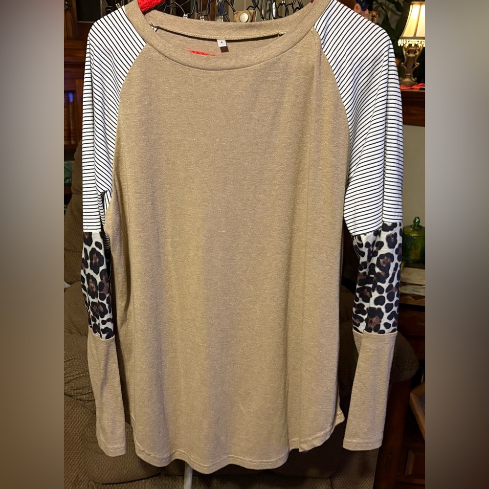 Tan and Leopard Print Long Sleeve Women's Top